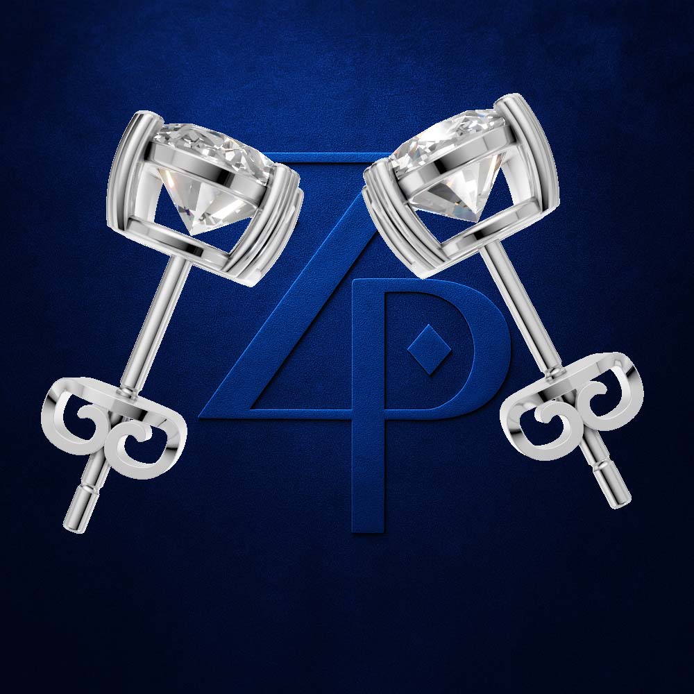 A pair of silver-toned stud earrings with round clear gemstones in a halo setting, shown on a dark blue textured background with a large blue monogram logo behind them.
