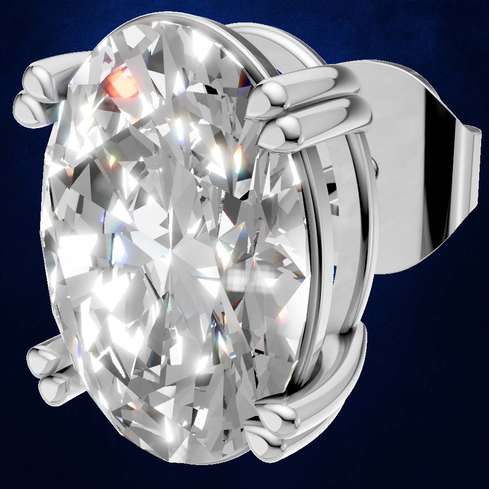 An oval-cut diamond ring set in a polished silver-colored metal prong setting, shown against a dark blue gradient background.