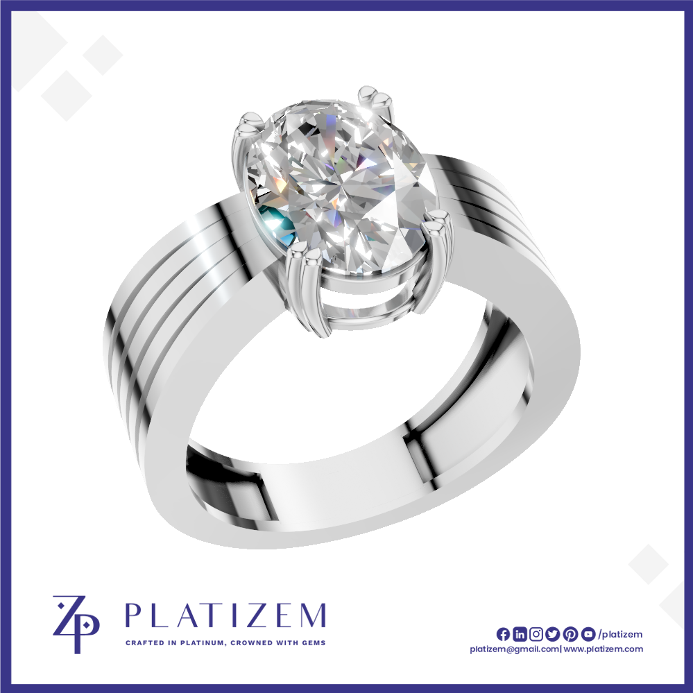 A silver-toned oval solitaire engagement ring with a brilliant round-cut clear gemstone, shown on a white background with the brand name 'PLATIZEM' at the bottom.