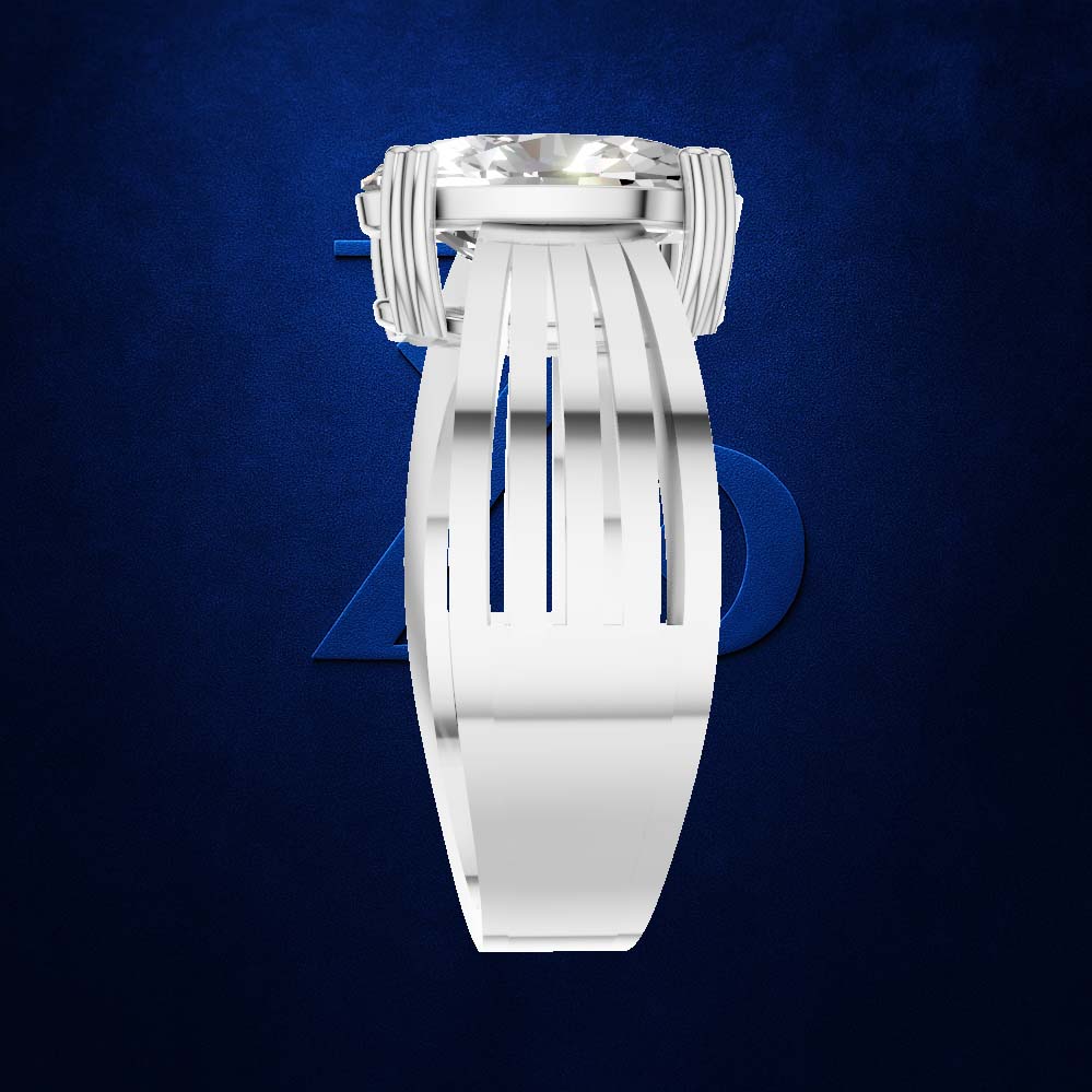 A white multi-strand ring band with a clear gemstone in a silver-toned setting, shown against a dark textured blue background.