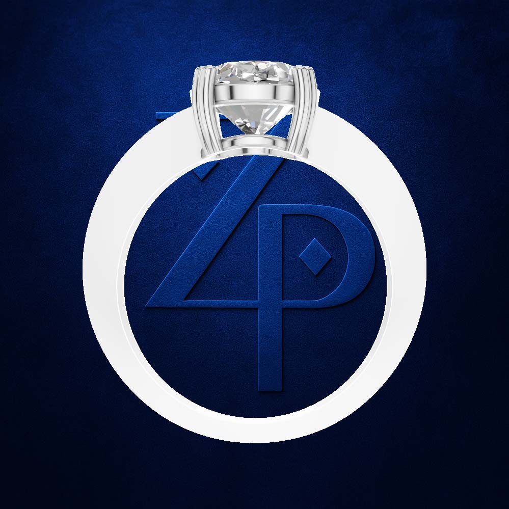 A silver ring with a round-cut diamond set in a circular white bezel, centered on a textured dark blue background with a large embossed blue 'ZP' logo.