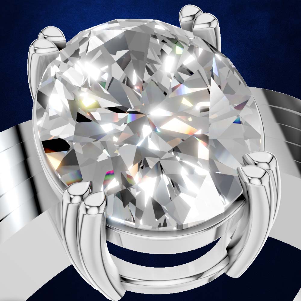 A close-up studio shot of a silver-toned ring with a large round brilliant-cut clear gemstone in a prong setting, shown against a dark blue background.