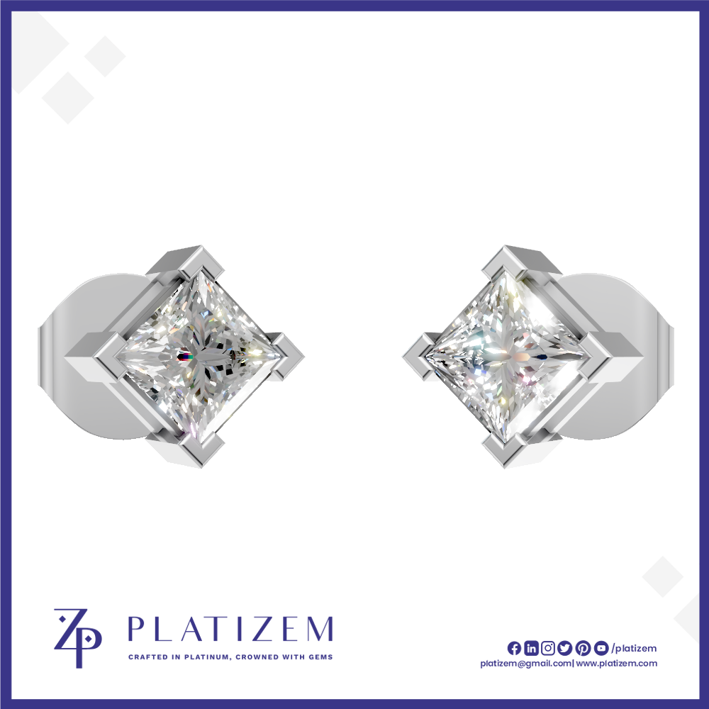 A pair of diamond stud earrings shown on a white background with a blue border. The earrings feature princess-cut diamonds in a four-prong silver setting.