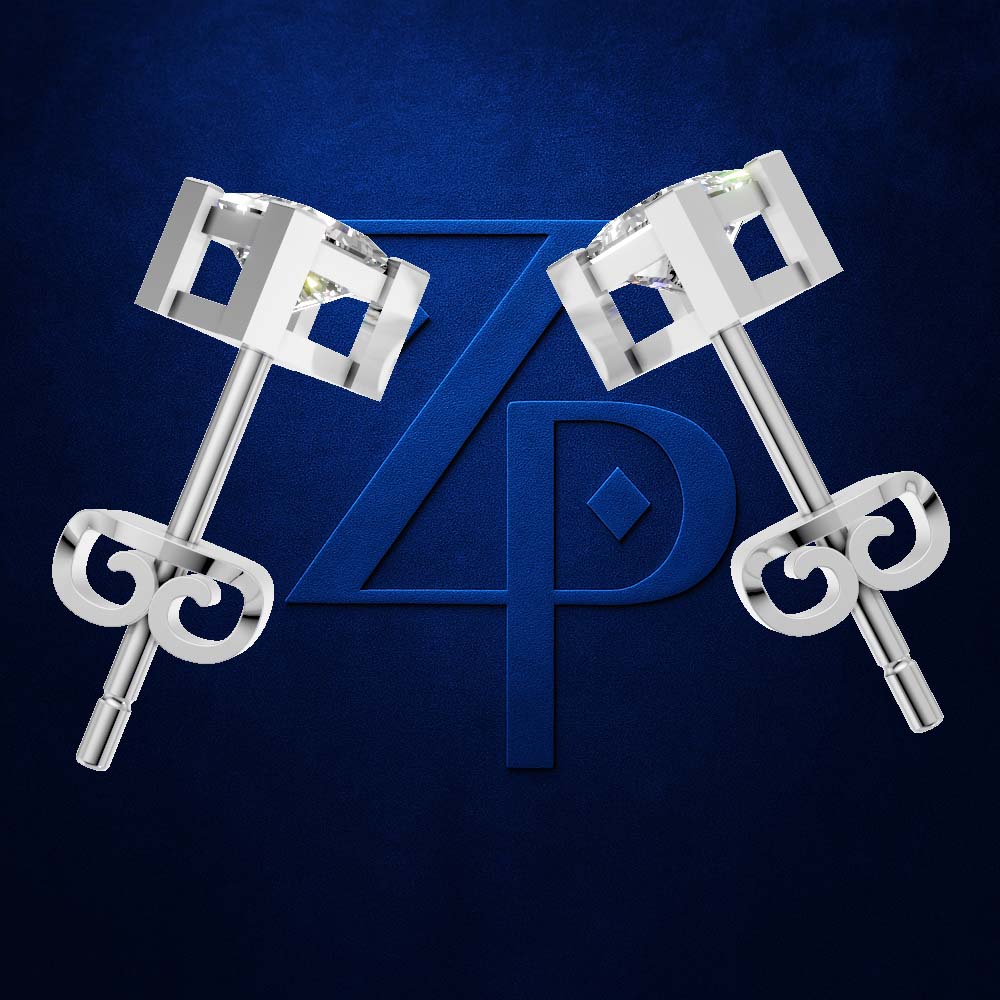 A pair of silver-toned geometric stud earrings with square-cut clear stones and screw-back posts, displayed on a dark blue textured background with a large blue monogram logo behind them.