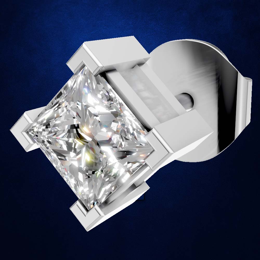 A princess-cut diamond ring set in a polished silver-colored metal prong setting, shown against a dark blue textured background.