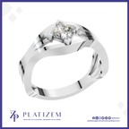 A silver-plated ring with a princess-cut diamond center stone, shown on a white background with a blue border and the brand name PLATIZEM at the bottom.