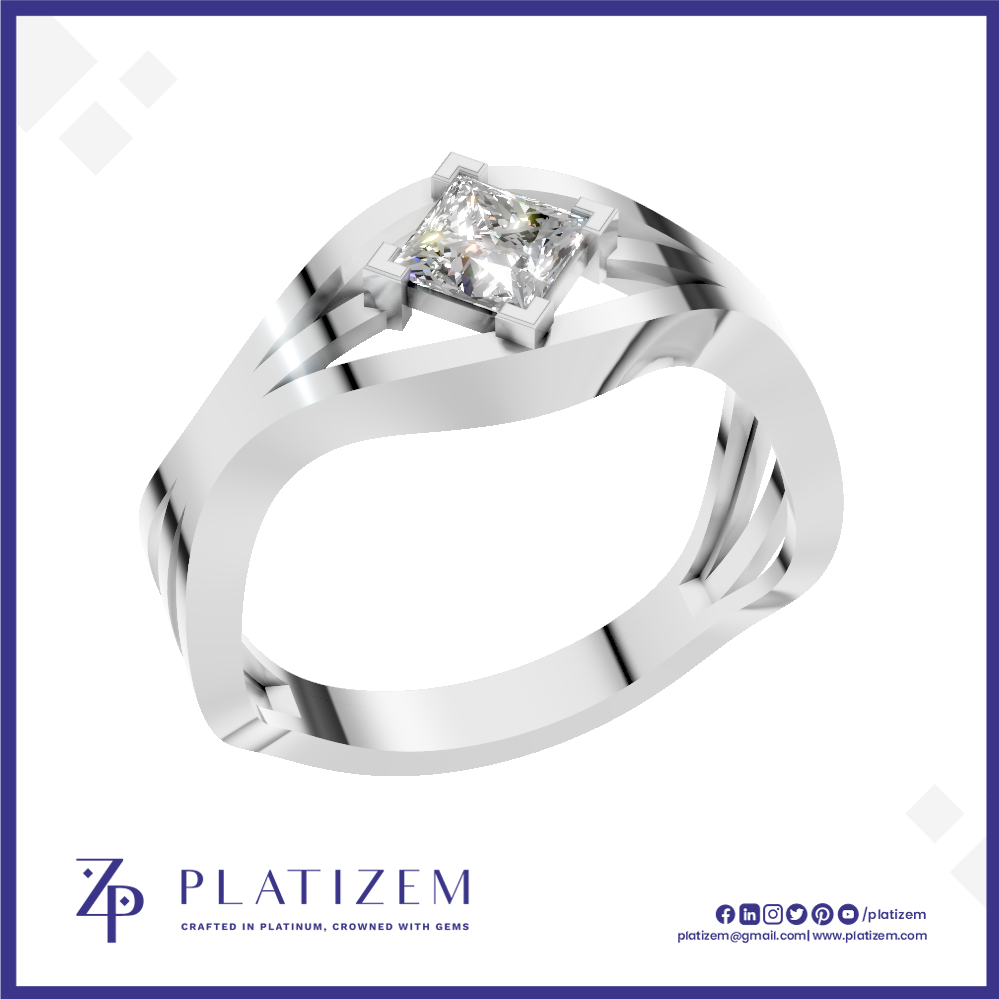 A silver-plated ring with a princess-cut diamond center stone, shown on a white background with a blue border and the brand name PLATIZEM at the bottom.