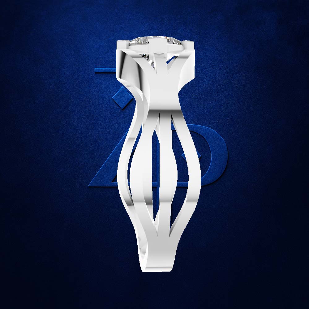 A white sculptural ring holder or jewelry display stand with a curved, vase-like form, shown against a dark blue textured background with a faint blue geometric logo behind it.