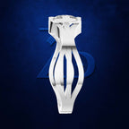 A white sculptural ring holder or jewelry display stand with a curved, vase-like form, shown against a dark blue textured background with a faint blue geometric logo behind it.