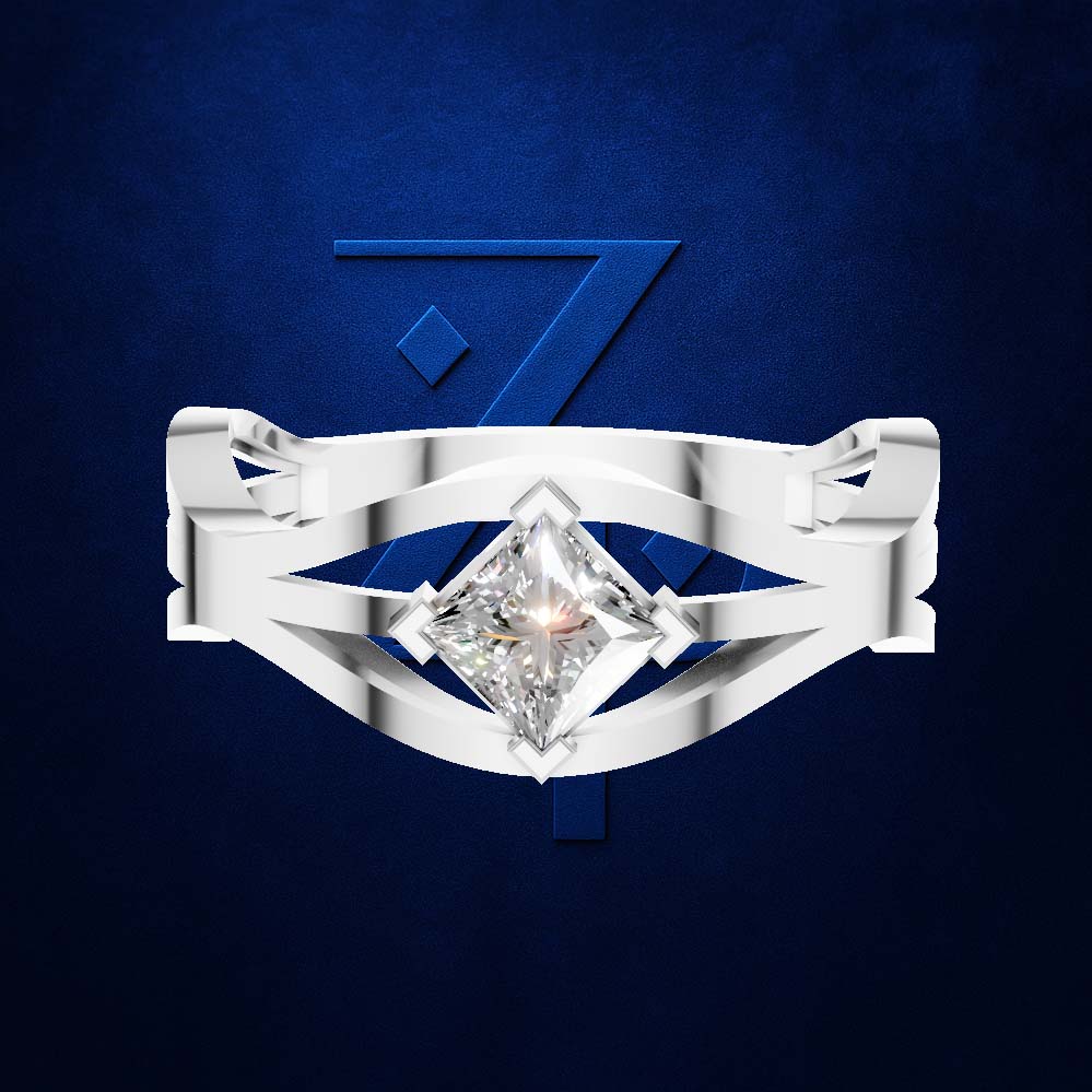 A silver-toned ring with a large clear diamond set against a textured dark blue background with a stylized blue '7' behind it.