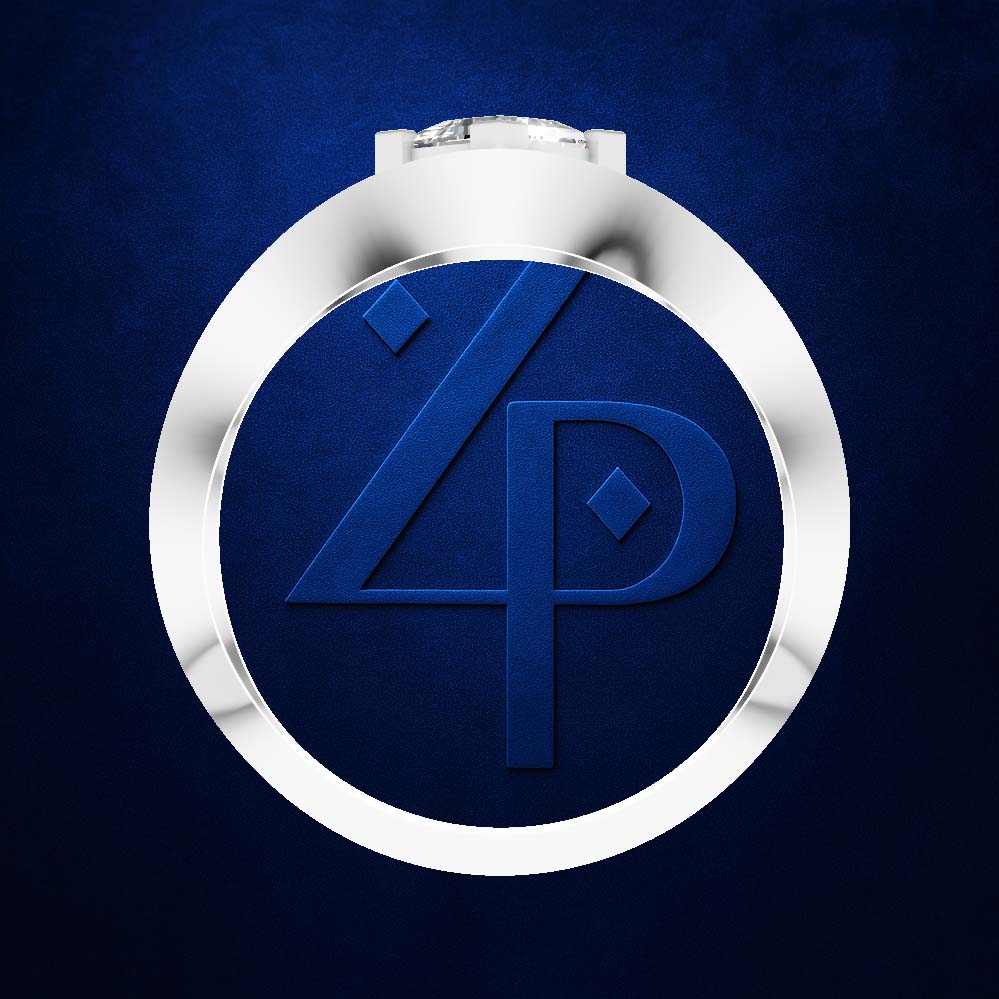 A round silver-toned pendant or medallion with a polished metallic rim and a deep blue center featuring an embossed stylized '4P' monogram, shown on a dark blue textured background.