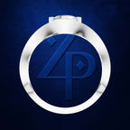 A round silver-toned pendant or medallion with a polished metallic rim and a deep blue center featuring an embossed stylized '4P' monogram, shown on a dark blue textured background.