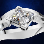 A close-up studio render of a solitaire ring featuring a clear princess-cut diamond set in a silver-toned band, shown against a dark blue background with abstract ribbon-like bands.
