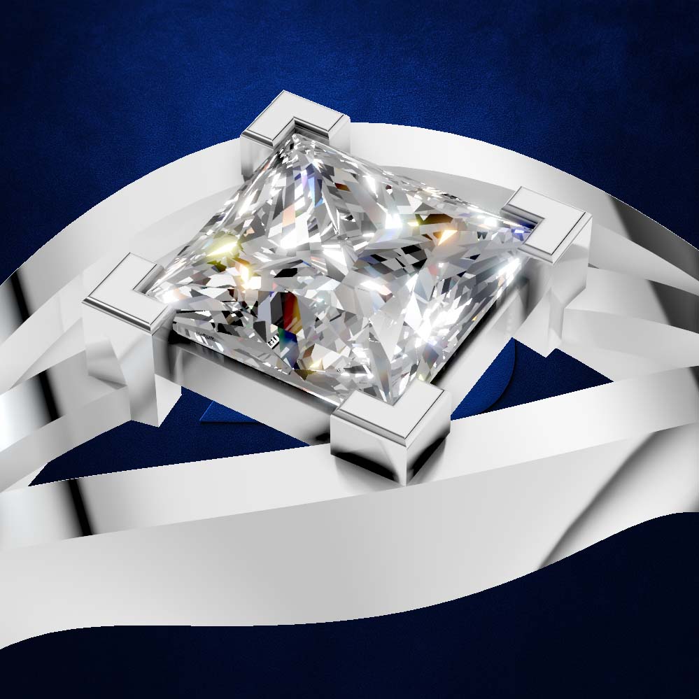 A close-up studio render of a solitaire ring featuring a clear princess-cut diamond set in a silver-toned band, shown against a dark blue background with abstract ribbon-like bands.