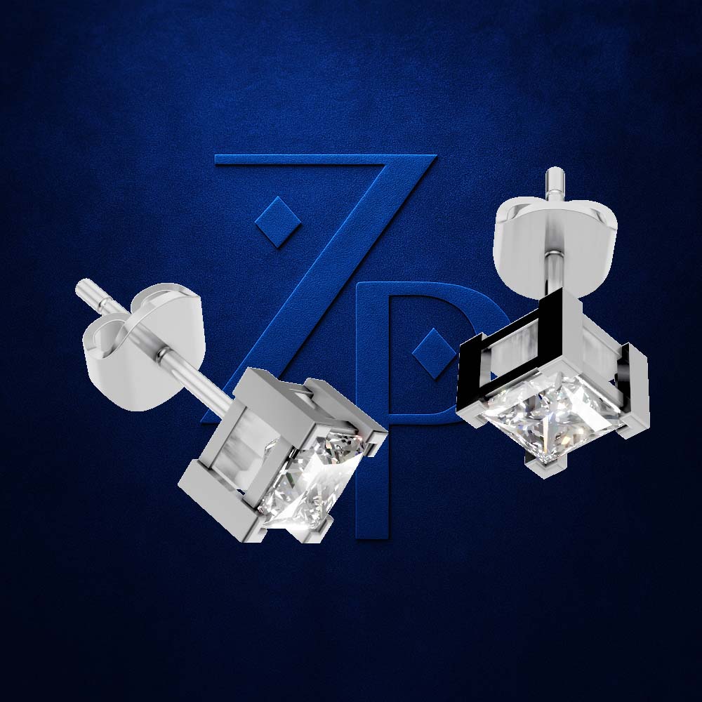A pair of silver-toned geometric stud earrings with clear faceted crystal-like centers, shown floating against a dark blue textured background with a large stylized blue 'ZP' logo behind them.