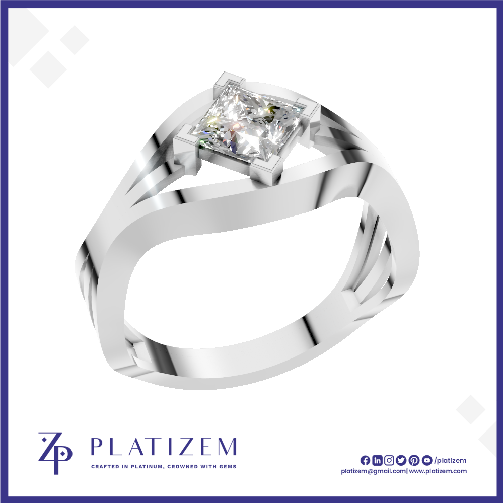 A silver-plated ring featuring a square princess-cut diamond in a bezel setting, displayed on a white background with a blue border and the brand name 'PLATIZEM' at the bottom.
