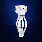 A white sculptural ring holder or jewelry stand with a curved, openwork design, holding a clear gemstone, set against a dark blue textured background with a subtle blue logo.
