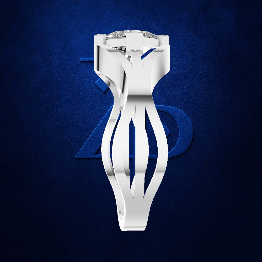 A white sculptural ring holder or jewelry stand with a curved, openwork design, holding a clear gemstone, set against a dark blue textured background with a subtle blue logo.