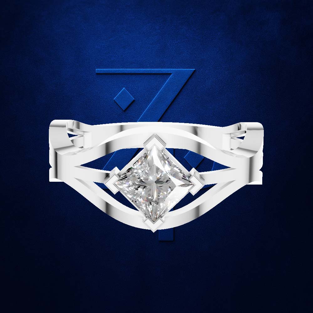 A silver-toned ring featuring a large, brilliant-cut clear gemstone in a prong setting, set against a textured dark blue background with a subtle stylized '7' design.