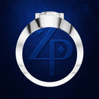 A polished silver-toned circular pendant or medallion with a deep blue center featuring an embossed stylized '4P' monogram, shown on a dark blue textured background.