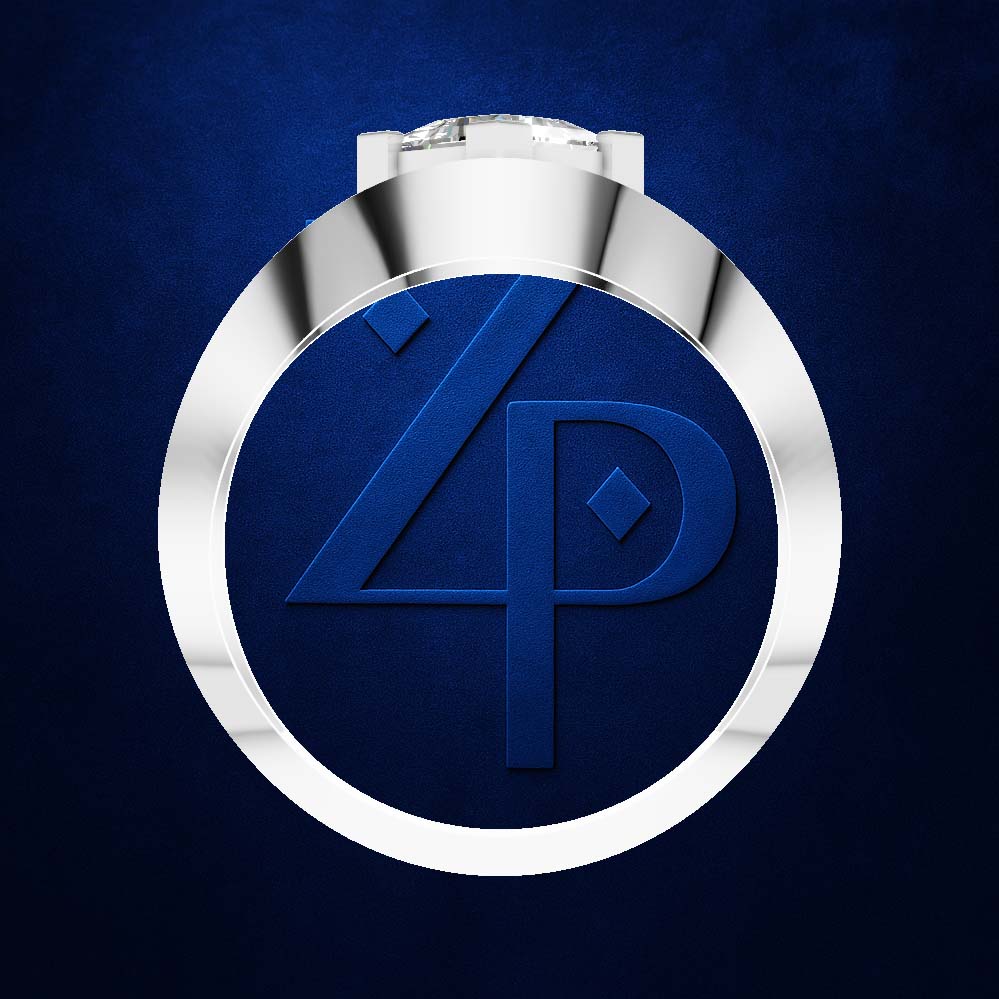 A polished silver-toned circular pendant or medallion with a deep blue center featuring an embossed stylized '4P' monogram, shown on a dark blue textured background.