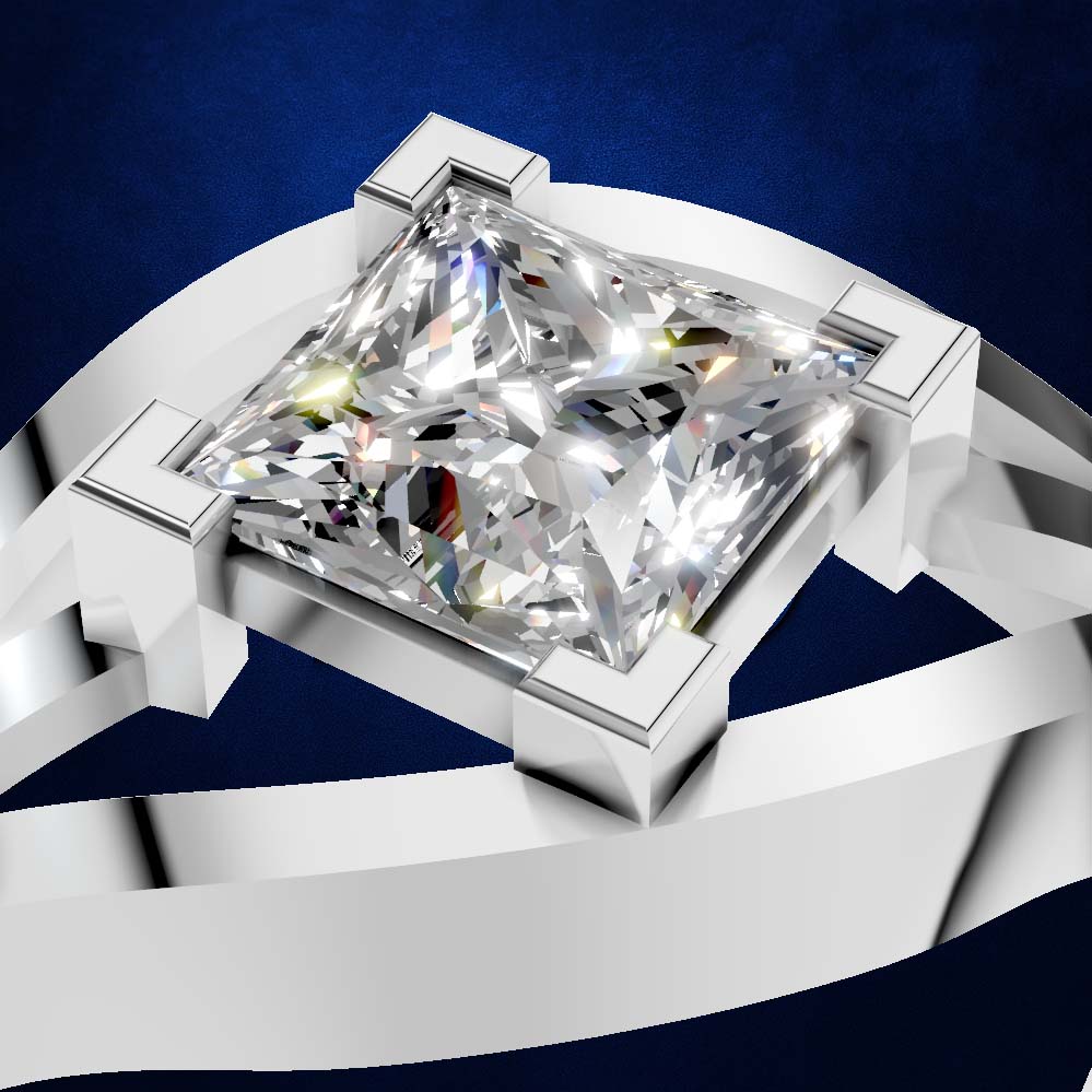 A close-up studio shot of a silver-toned ring with a large clear princess-cut diamond. The diamond is set in a square four-prong setting on a polished band, shown against a dark blue background.
