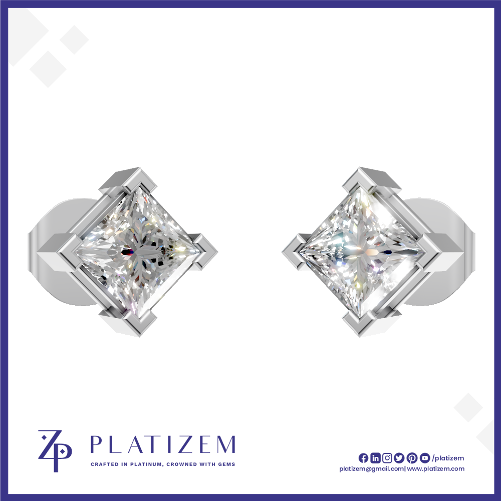 A pair of princess-cut diamond stud earrings in a silver-toned prong setting, displayed on a white background with a blue border. The brand logo 'PLATIZEM' is visible at the bottom.