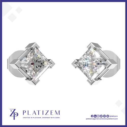 A pair of princess-cut diamond stud earrings in a silver-toned prong setting, displayed on a white background with a blue border. The brand logo 'PLATIZEM' is visible at the bottom.