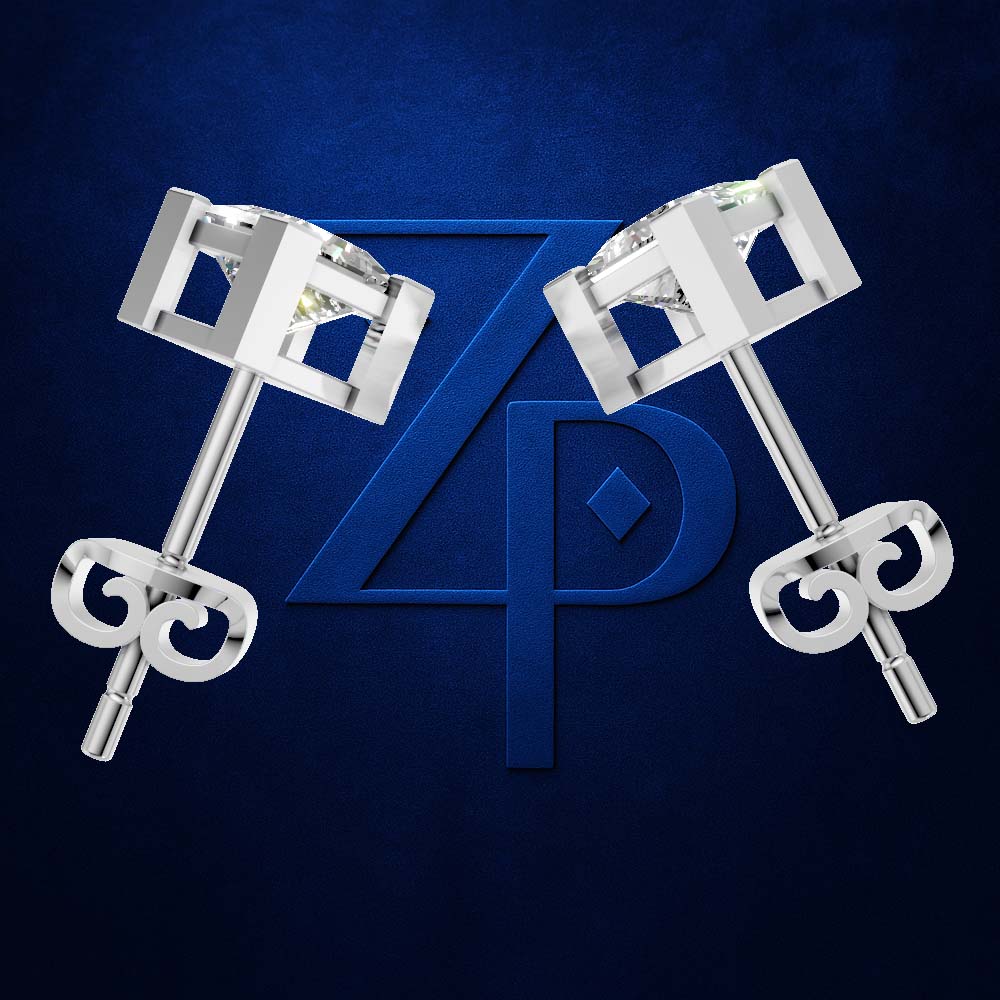 A pair of silver-toned stud earrings with geometric square-shaped prong settings and butterfly backings, displayed against a dark textured blue background with a large stylized 'ZP' logo.