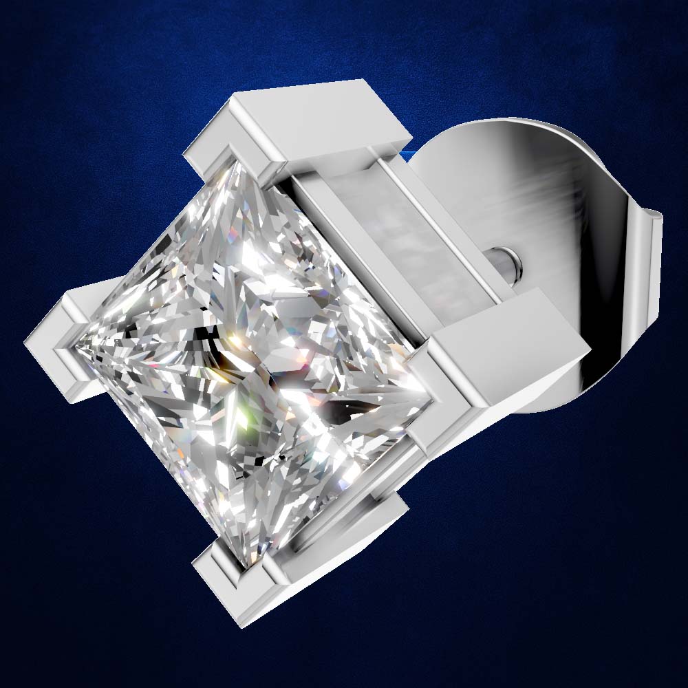 A silver-toned diamond stud earring featuring a large princess-cut diamond in a four-prong setting, shown against a dark blue textured background.