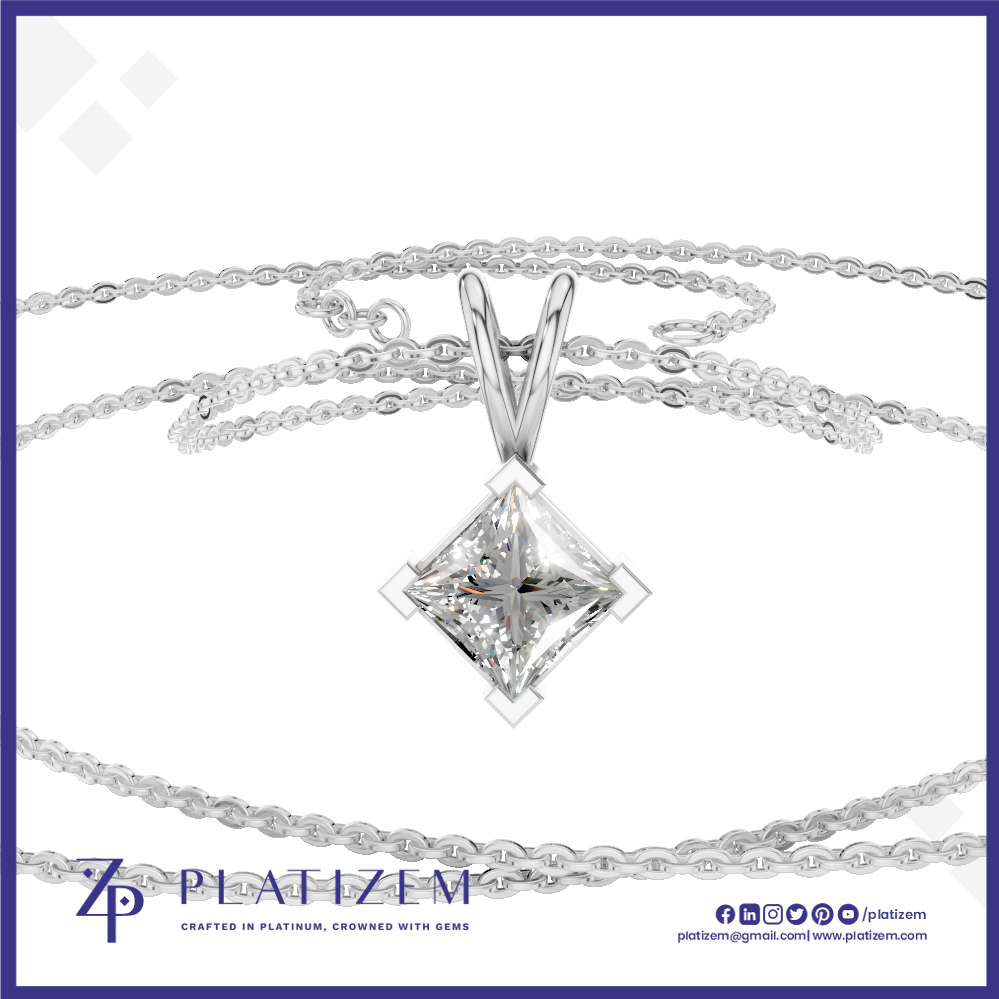 A silver-plated necklace with a princess-cut clear gemstone pendant, displayed on a white background with the brand name 'Platizem' visible at the bottom.