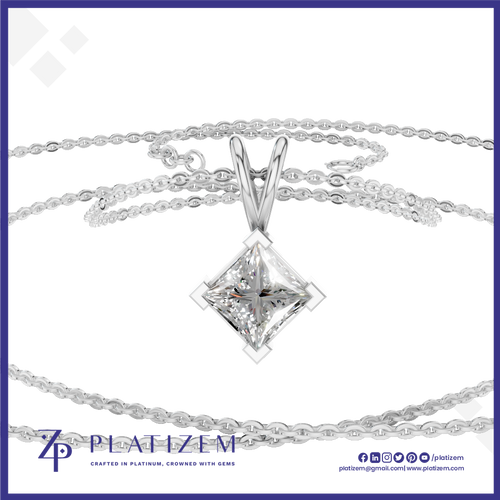 A silver-plated necklace with a princess-cut clear gemstone pendant, displayed on a white background with the brand name 'Platizem' visible at the bottom.