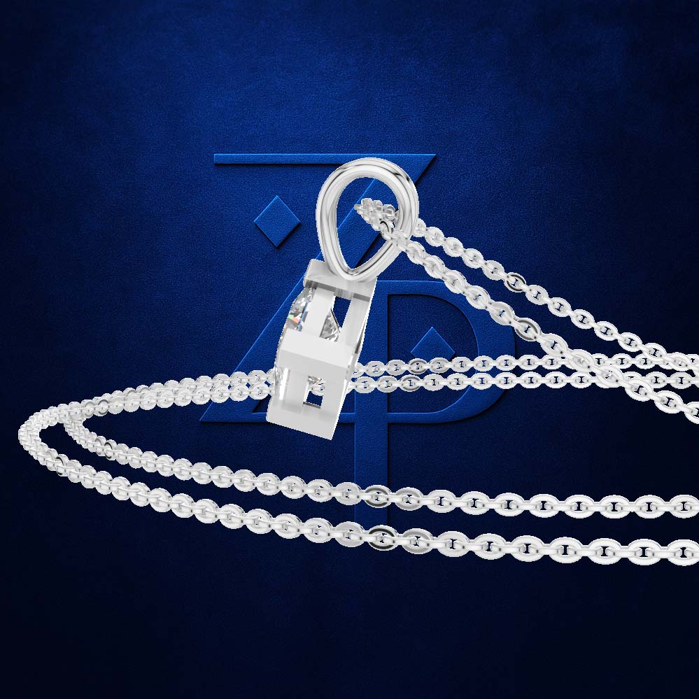 A silver-toned chain necklace with a rectangular pendant, displayed on a textured dark blue background with a large stylized logo behind it.