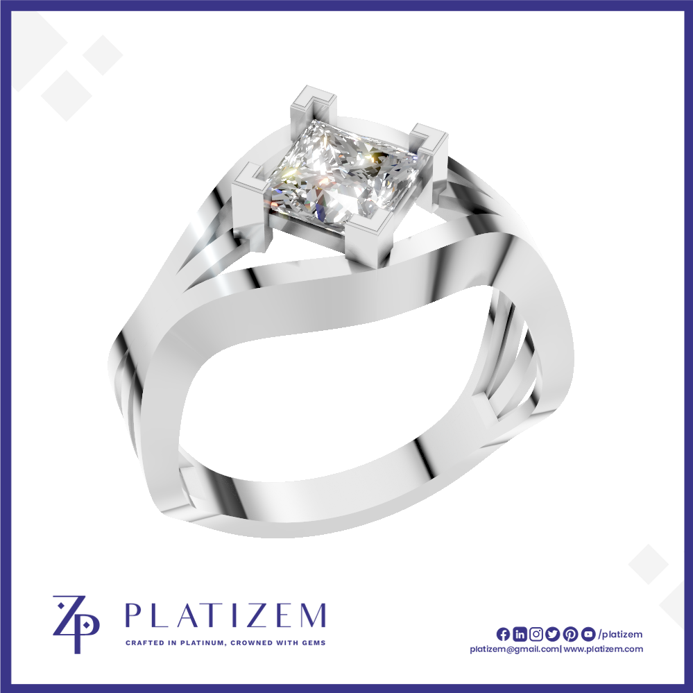 A silver-plated ring featuring a princess-cut clear gemstone in a square bezel setting, displayed on a white background with a blue border and the brand name PLATIZEM at the bottom.