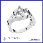 A silver-plated ring featuring a princess-cut clear gemstone in a square bezel setting, displayed on a white background with a blue border and the brand name PLATIZEM at the bottom.