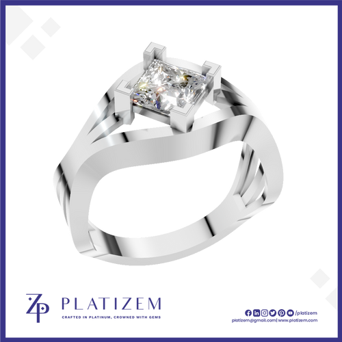 A silver-plated ring featuring a princess-cut clear gemstone in a square bezel setting, displayed on a white background with a blue border and the brand name PLATIZEM at the bottom.