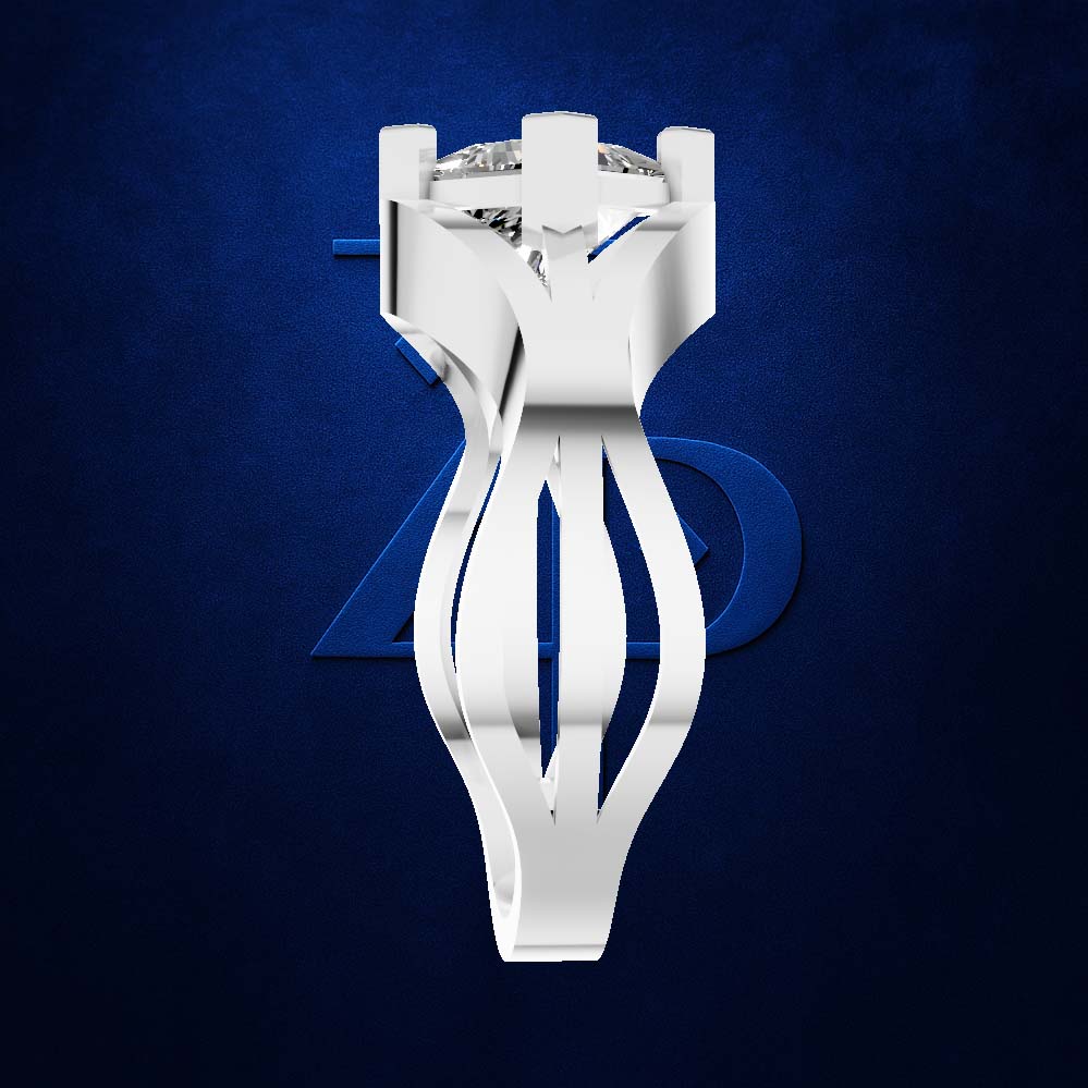 A white sculptural ring stand or jewelry display holder with a clear gemstone at the top, centered against a dark textured blue background with a faint blue geometric logo behind it.