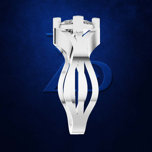 A white sculptural ring stand or jewelry display holder with a clear gemstone at the top, centered against a dark textured blue background with a faint blue geometric logo behind it.