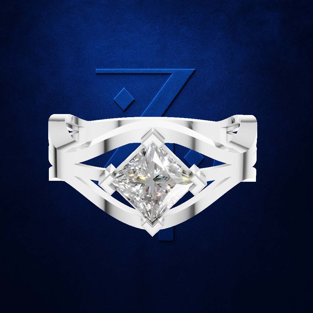 A silver-toned ring featuring a large, brilliant-cut clear gemstone in a geometric prong setting, presented against a textured dark blue background with a subtle blue graphic.