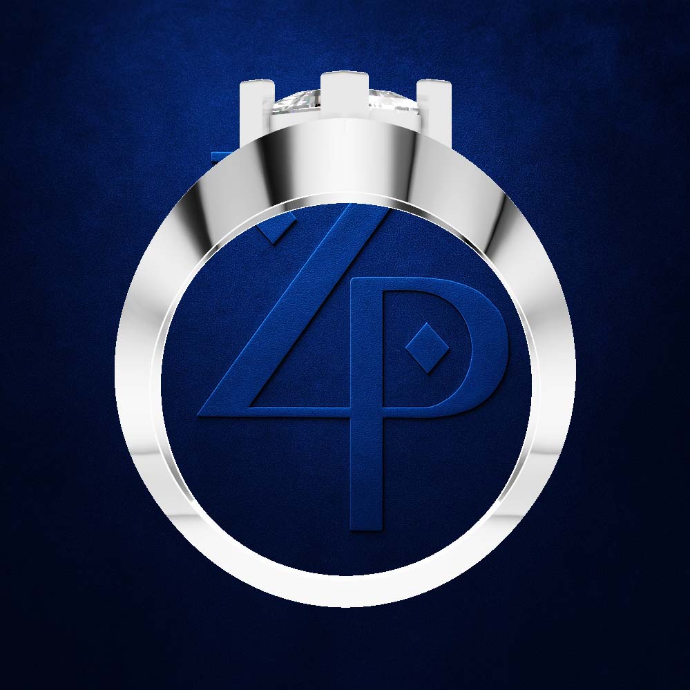 A silver-toned circular pendant or medallion with a polished bezel setting, featuring a deep blue recessed center with an embossed stylized 'ZP' monogram, shown on a textured dark blue background.