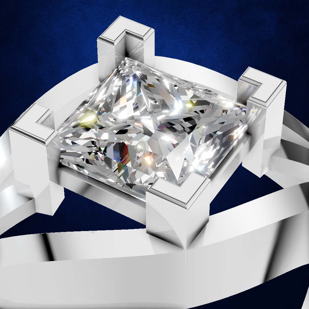 A radiant cut diamond engagement ring setting in a polished silver-colored metal, shown in a close-up studio render against a dark blue background.