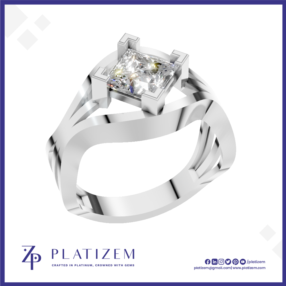 A silver-toned split-band ring with a square bezel-set clear gemstone, shown on a white background with the brand name PLATIZEM at the bottom.