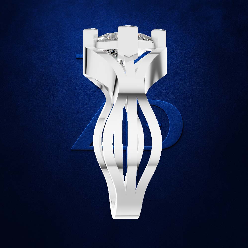 A white sculptural ring stand or jewelry display holder with a circular top, shown centered against a dark blue textured background with a faint blue geometric logo behind it.