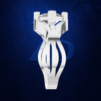 A white sculptural ring stand or jewelry display holder with a circular top, shown centered against a dark blue textured background with a faint blue geometric logo behind it.