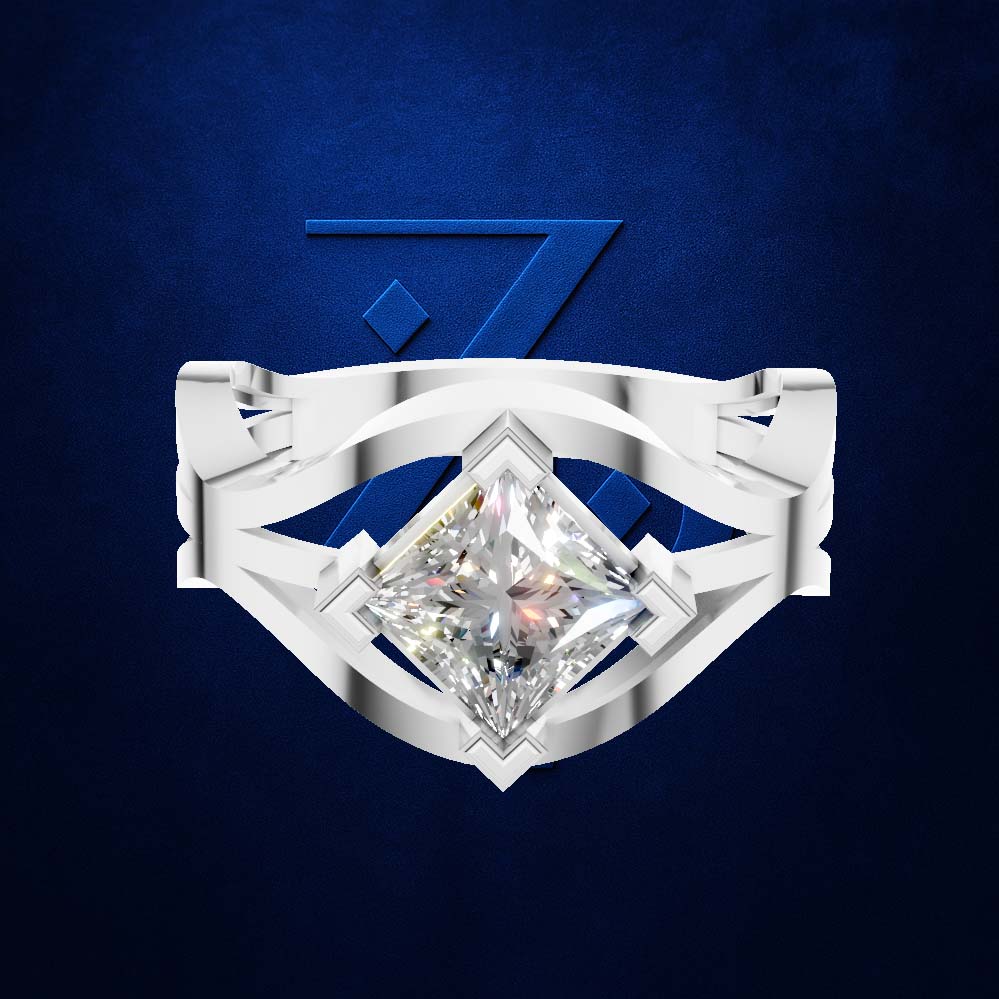 A silver-toned ring with a large clear princess-cut diamond center stone, shown against a dark blue textured background with a subtle blue geometric emblem behind it.