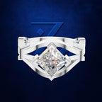 A silver-toned ring with a large clear princess-cut diamond center stone, shown against a dark blue textured background with a subtle blue geometric emblem behind it.