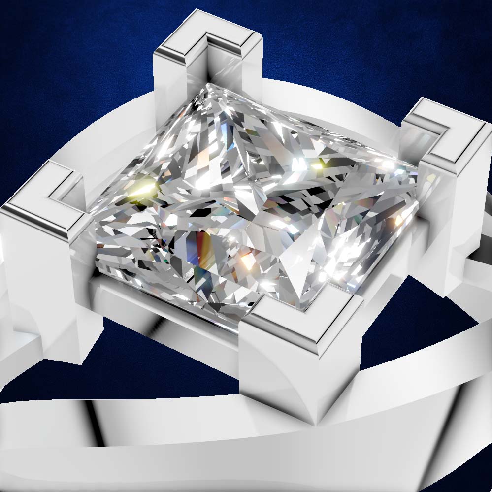 A radiant cut diamond ring setting in a silver-toned metal, shown in a close-up studio-style render against a deep blue background.