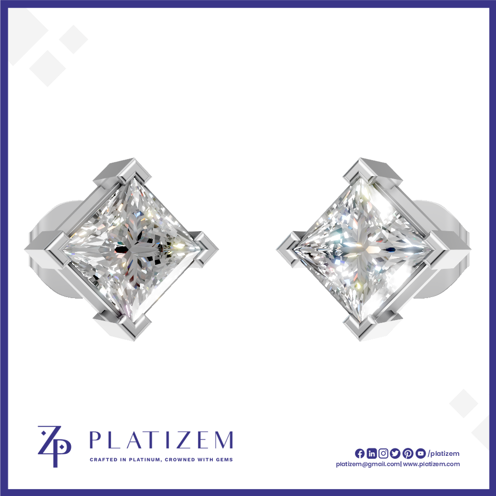 A pair of platinum stud earrings with large clear princess-cut diamonds, displayed on a white background with a blue border. The brand name 'PLATIZEM' is visible at the bottom.