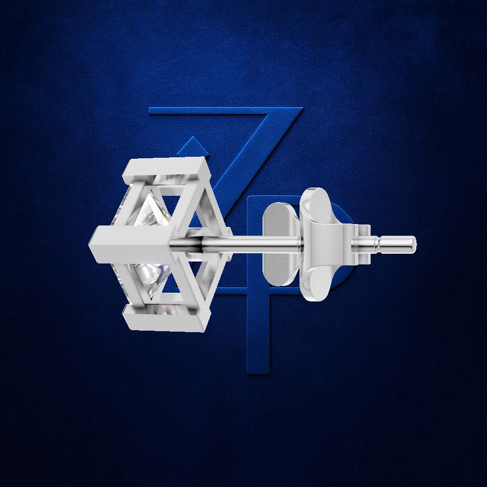 A pair of silver geometric stud earrings with a star-like cage design and round backings, shown against a textured dark blue background with a stylized blue 'Z' logo.