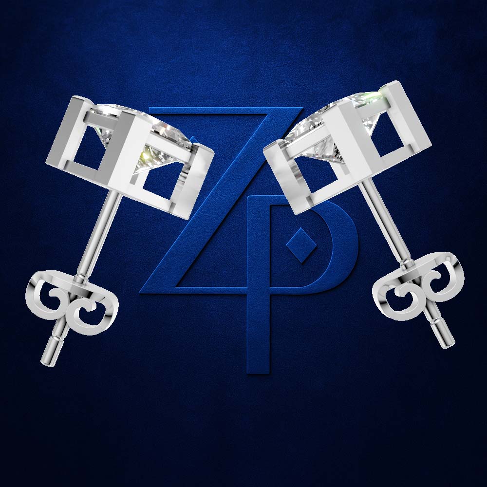 A pair of silver-toned geometric stud earrings with clear gemstones, displayed on a textured dark blue background with a large blue stylized 'ZP' logo behind them.